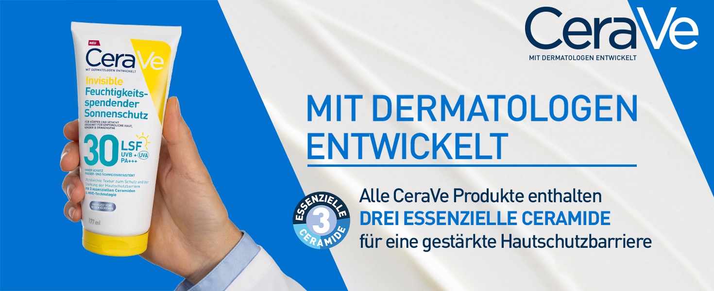 CeraVe Invisible Feuchtigkeitsp. Sonnenschutz LSF 30-Tube und Banner. Mit Dermatologen entwickelt. Enthält 3 essenzielle Ceramide.